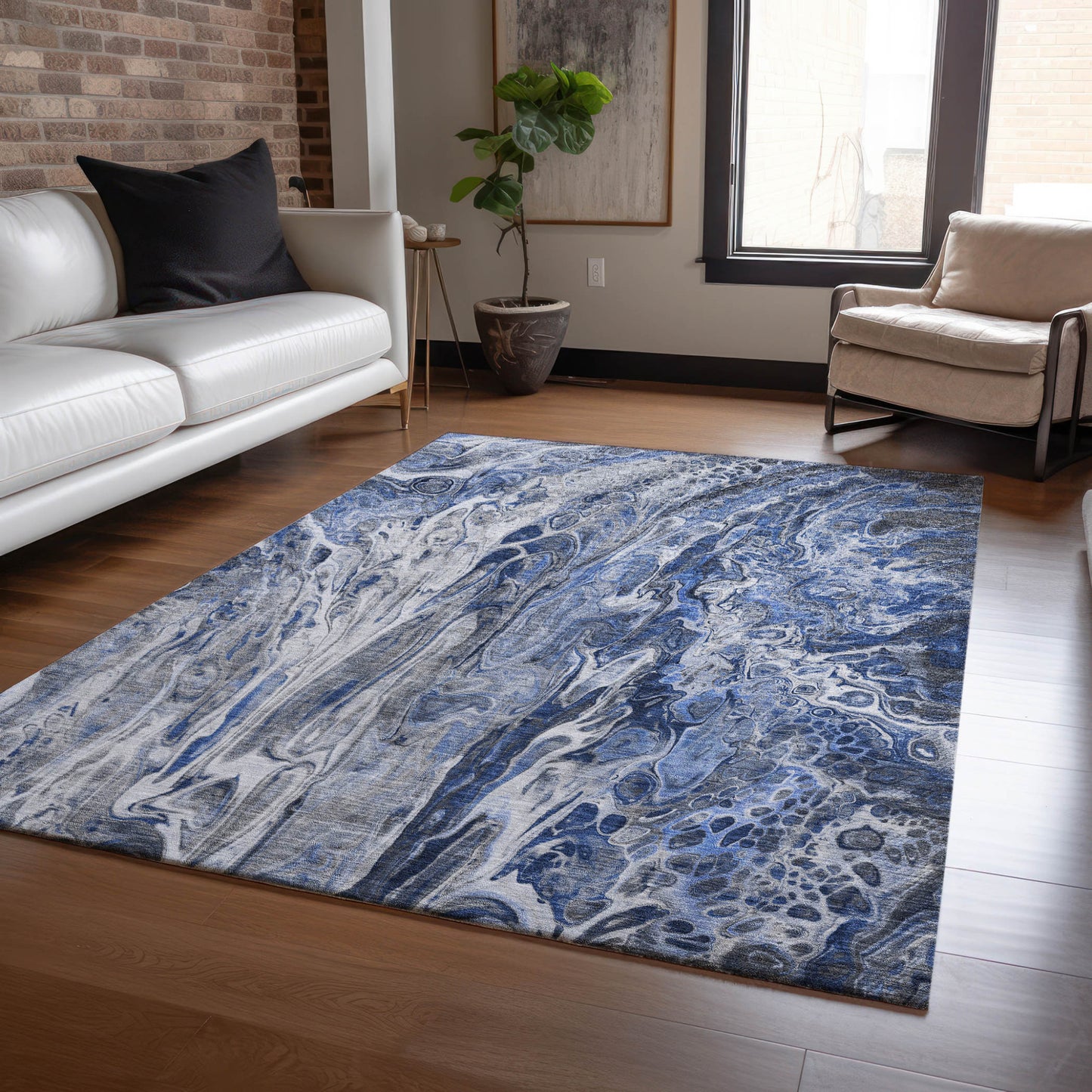 3' X 5' Denim Blue And Navy Blue Abstract Washable Indoor Outdoor Area Rug-7