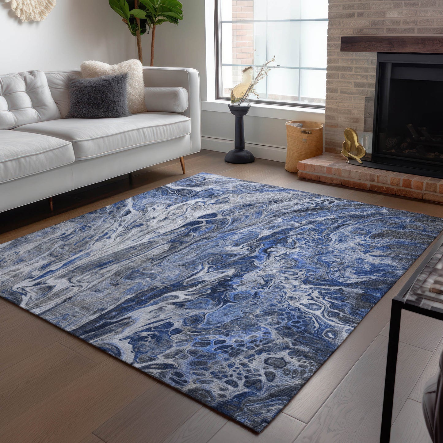 3' X 5' Denim Blue And Navy Blue Abstract Washable Indoor Outdoor Area Rug-8