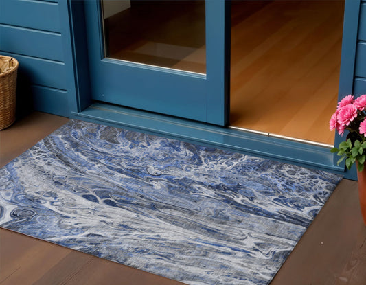 3' X 5' Denim Blue And Navy Blue Abstract Washable Indoor Outdoor Area Rug-0