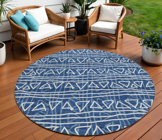 8' Navy Blue And Ivory Round Geometric Washable Indoor Outdoor Area Rug-0