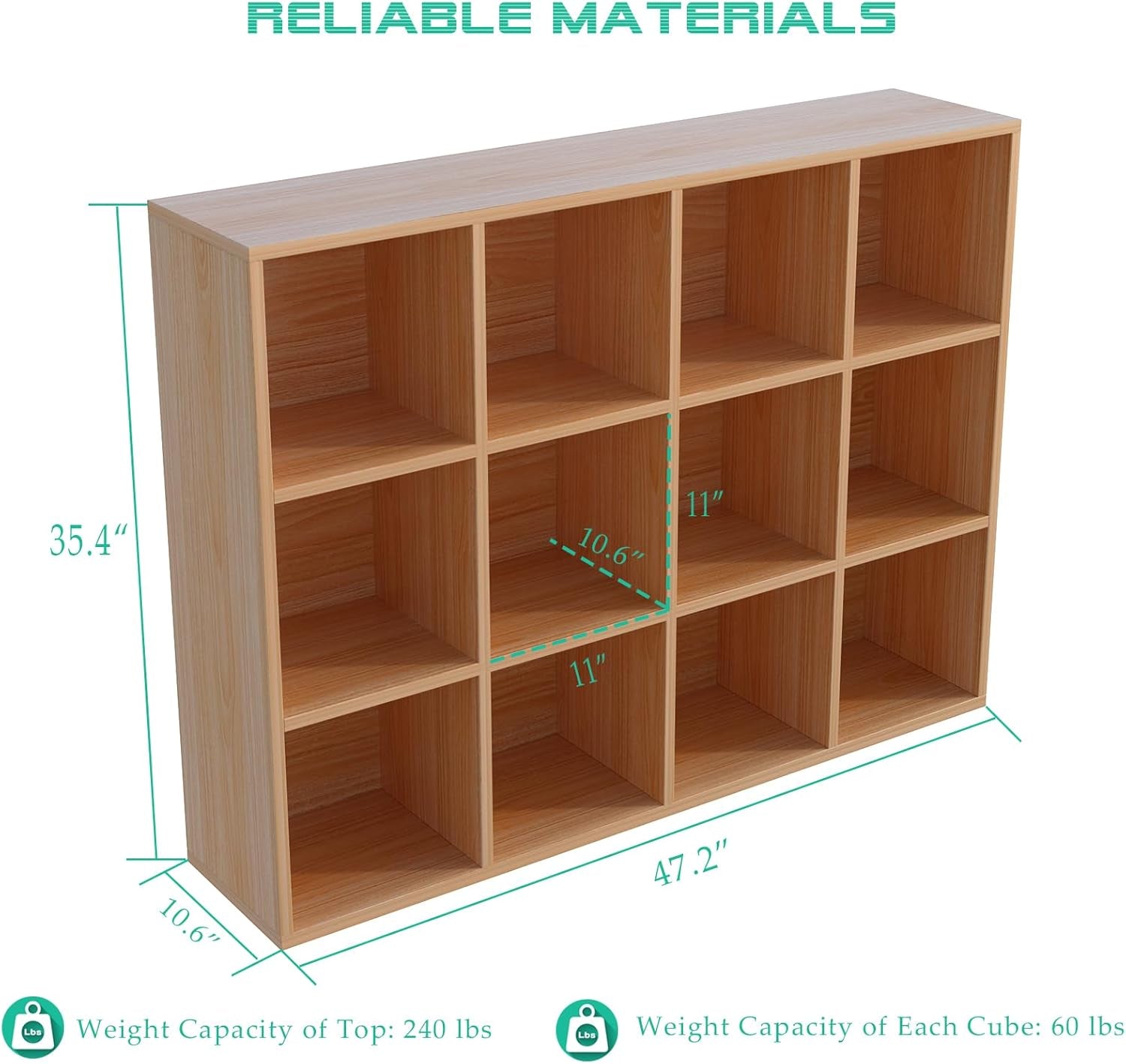 12-Cube Storage Shelf Bookcase - Wooden 3-Tier Floor Standing Open Bookshelf for Home and Office, Display Cabinet, Oak-2