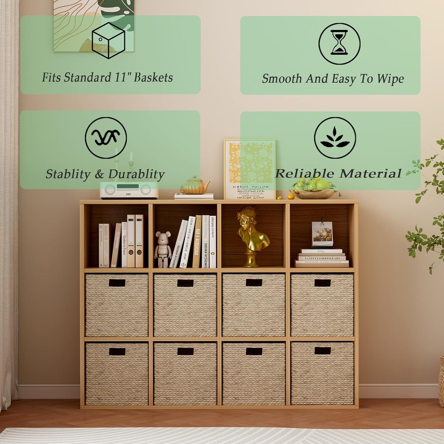 12-Cube Storage Shelf Bookcase - Wooden 3-Tier Floor Standing Open Bookshelf for Home and Office, Display Cabinet, Oak-3