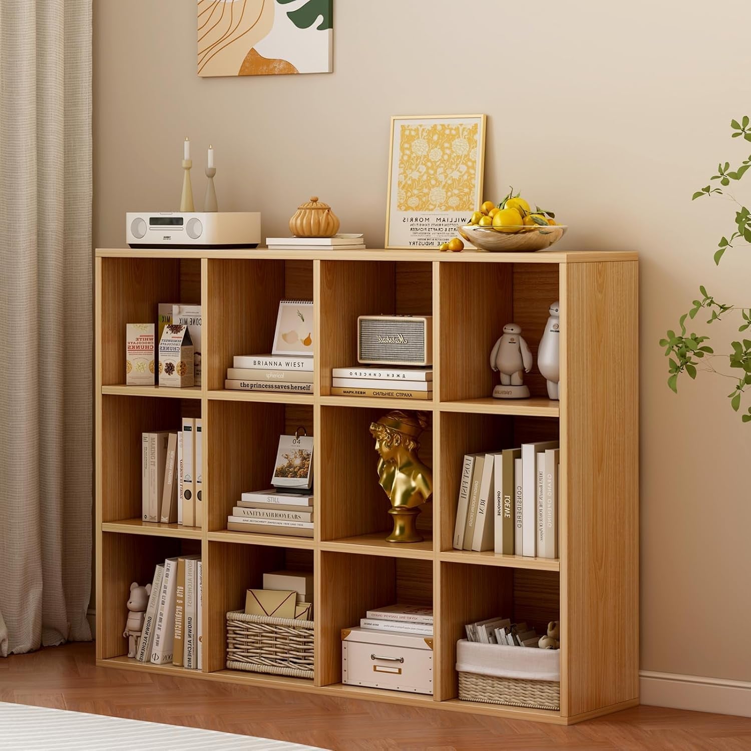 12-Cube Storage Shelf Bookcase - Wooden 3-Tier Floor Standing Open Bookshelf for Home and Office, Display Cabinet, Oak-1