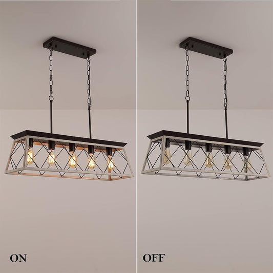 Dining Room Chandelier Light Fixtures,Farmhouse Rustic Vintage Antique Linear Chandeliers Pendant Ceiling Light Fixture for Kitchen Island Bar Office Coffee Shop 5-Lights Oak and ORB UL Listed-0