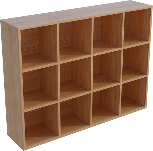 12-Cube Storage Shelf Bookcase - Wooden 3-Tier Floor Standing Open Bookshelf for Home and Office, Display Cabinet, Oak-0